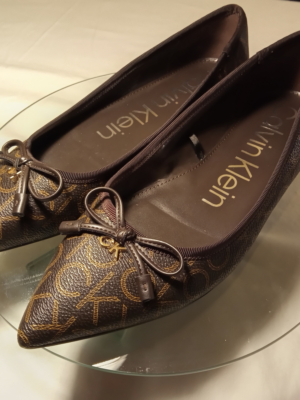 Calvin Klein Brown Logo Pointed-Toe Ballet Flats